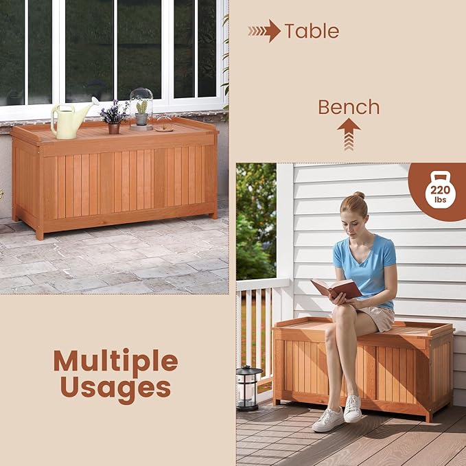 HAPPYGRILL Outdoor Wood Deck Box with Flip Top, Patio Storage Bench for Garden, Poolside, Backyard, 58 Gallon