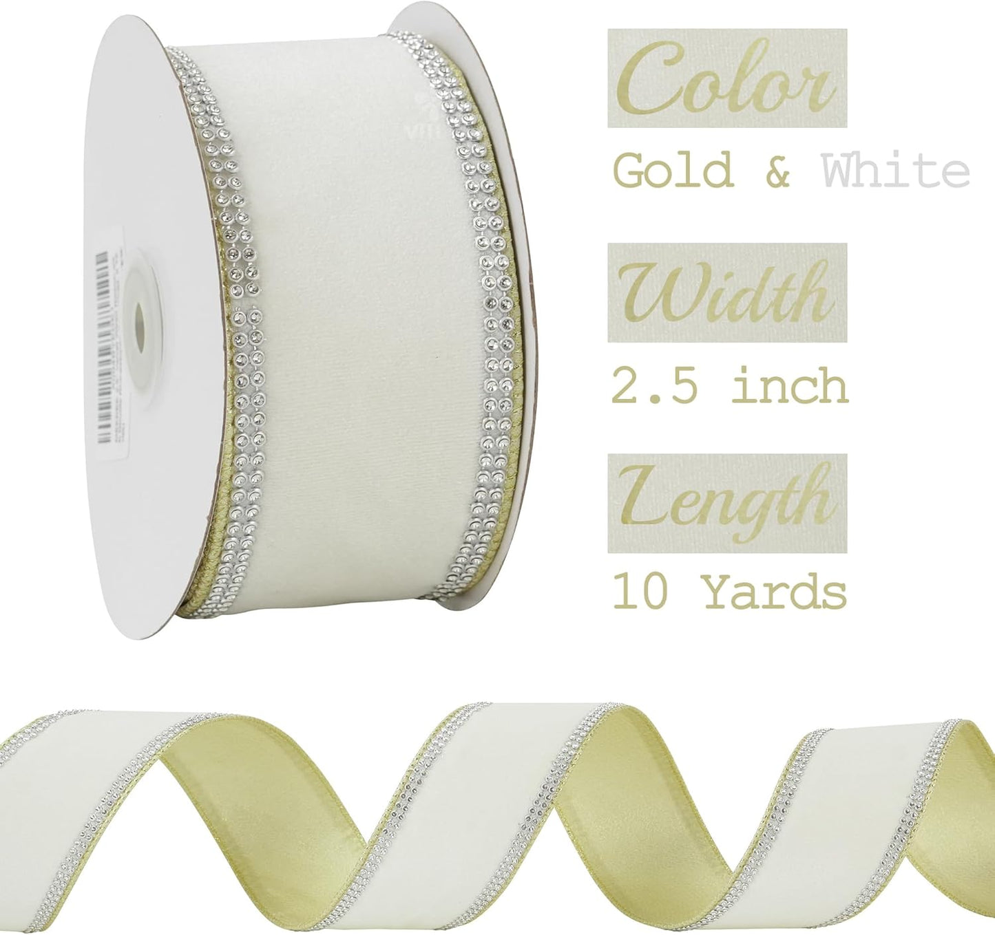 MEEDEE Gold & White Velvet with Rhinstone Edge Wired Ribbon 2.5 Inch Luxury Jeweled Ribbon 5 Yards Sparkling Rhinestone Trim for Christmas Tree, Garland, Wreaths, Holiday Home Decor, Wedding Decor