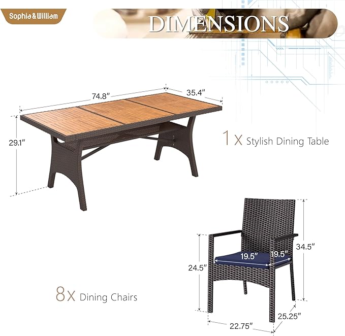 Sophia & William 9 Piece Patio Dining Set, Patio Table and Chairs Set Outdoor Dining Set for 8, Acacia Wood Patio Dining Table Set with PE Rattan Wicker Chairs for Garden, Porch, Backyard