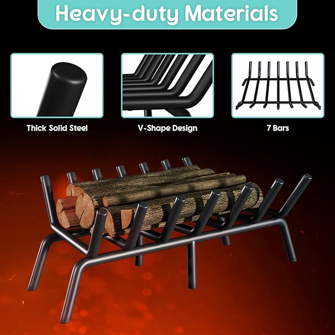 24-Inch Fireplace Grate, Heavy Duty 7-Bar Log Rack Holder Made of Solid Round Steel for Indoor/Outdoor Fire Pits, Wood Stoves & Kindling Tools