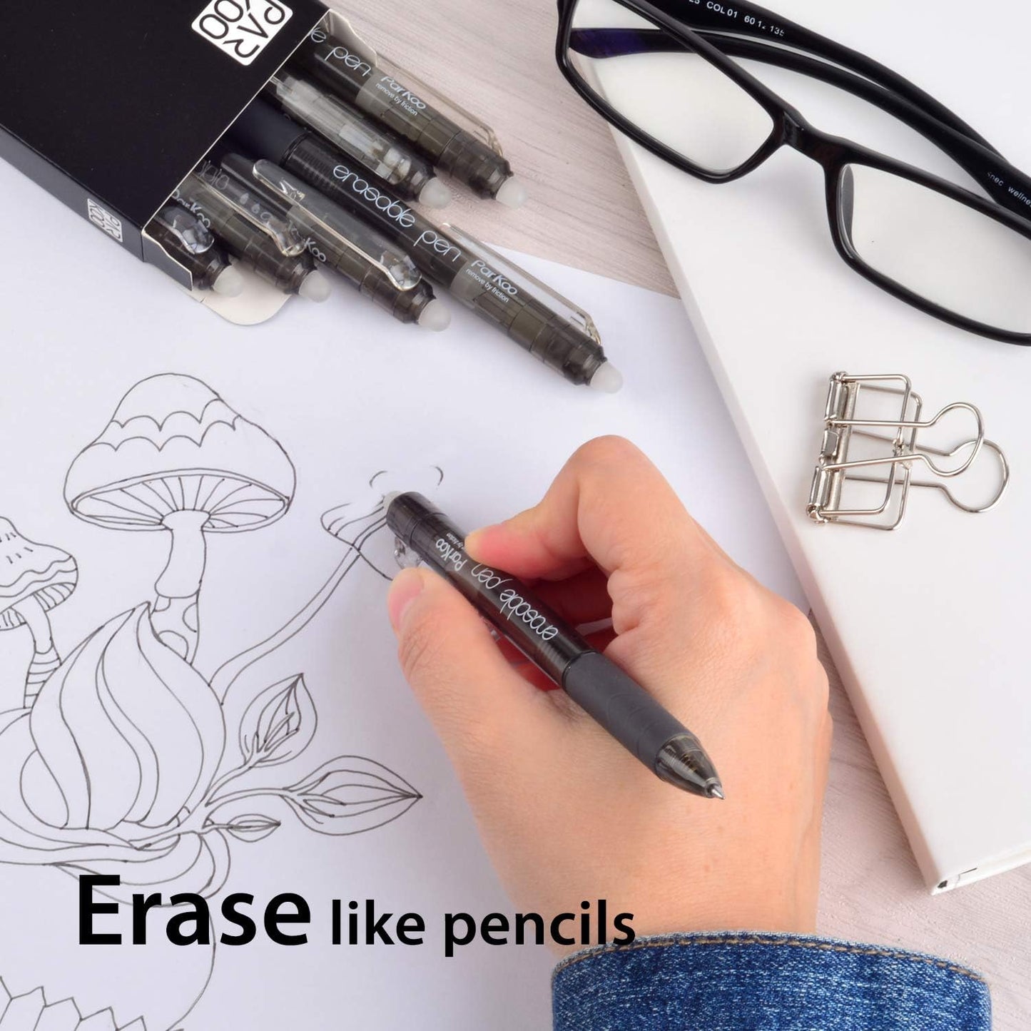 ParKoo Retractable Erasable Gel Pens Clicker, Fine Point, Make Mistake Disappear, Black Ink for Note Taking and Crossword Puzzles, 6-Pack