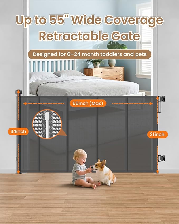 Retractable Baby Gate, 55" Wide Mesh Gate with 4 Reinforced Rods, Prevents Kids & Dogs from Crawling Under, 34" Tall Easy-to-Use Pet Gate for Stairs, Bedrooms, Hallways, Indoor/Outdoor, Gray