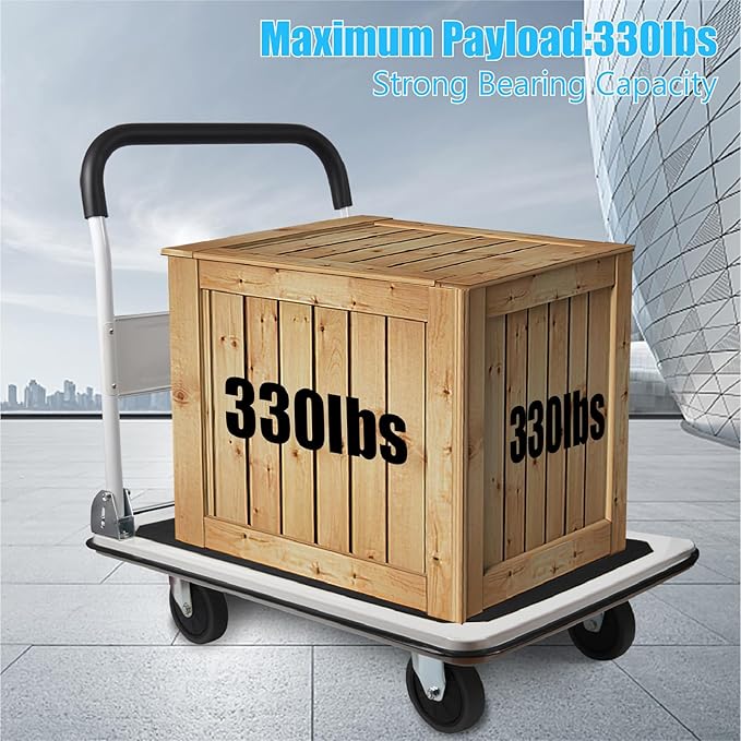 LEADALLWAY Foldable Push Cart Platform Cart 330lbs Capacity 4 Wheels 28.7x18.5x32.3inches White with 2 Ropes Small Flatbed Cart