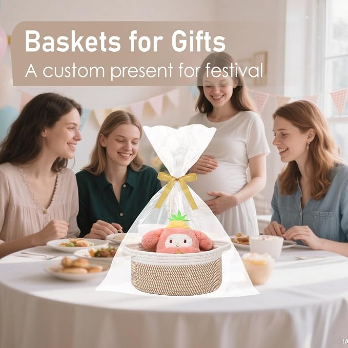 Woven Basket,Small Rope Storage Bin with Handles & Ribbon Bag, Organizer for Shelves Closets,Gift Basket Empty for Birthday,Books,Dog Toys, White&Brown Block