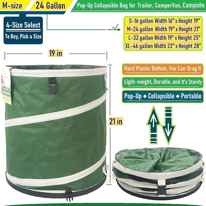 24-Gallon Collapsible Trash Can (19x21 in) Hard-Shell Bottom Leaf Bag,Yard Waste Bags,Garden Debris Bag,RV Camp Waste Bin,Pop-Up Trash Can,Recycling Bin,Laundry Hamper,Lawn Grass Clippings,Weed Barrel