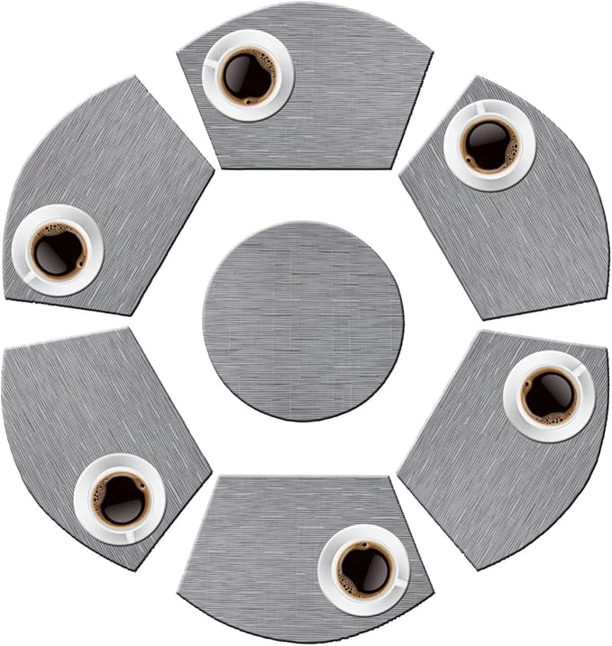 PIGCHCY Wedge Shaped Placemats Set of 6 with Centerpiece Round Mats Washable Kitchen Placemats Heat-Resistant Table Mats (Silver Grey)