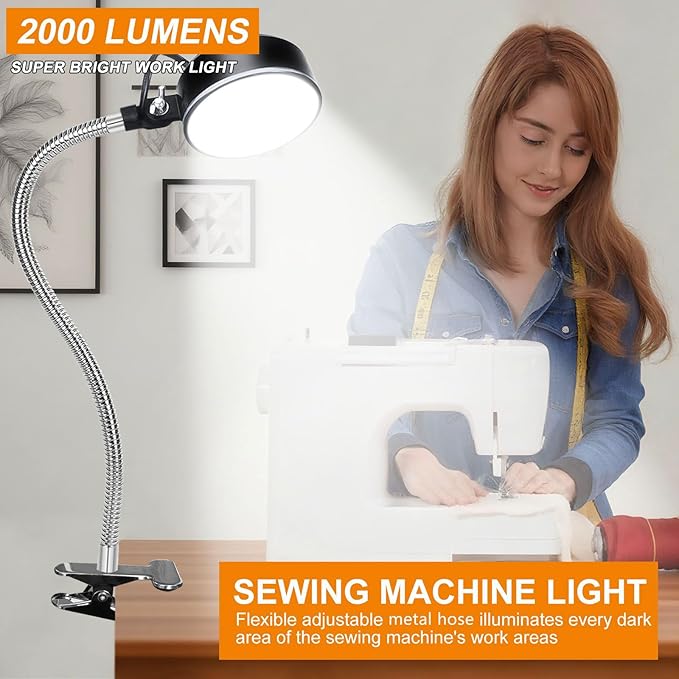 Clamp Light, LED Work Light with Flexible & Strong Clip for Workshop, Sewing, Lathe, Bandsaw, Workbench, Desk, Bright Small Area Task Lighting, 2000 Lumens, Silver