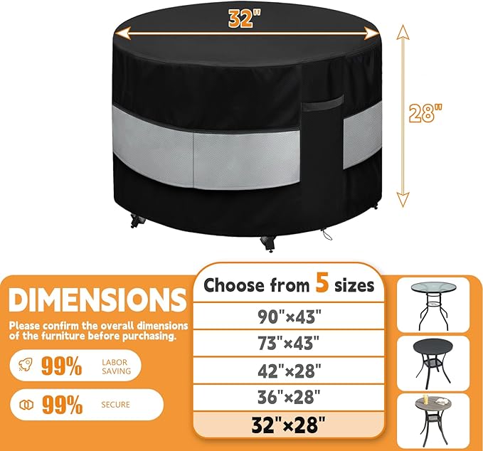 Round Patio Furniture Cover Black Grey Waterproof Up to 10000pa for 32 x 28 Inch Outdoor Round Table Covers