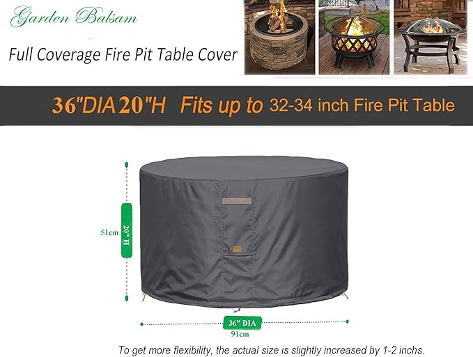 Fire Pit Cover 600D Heavy Duty Waterproof Fabric With PVC Coating Round 36" Dia x 20" H Dark Grey Fits 32-34 inch Fire Pit Table Fade Resistant Outdoor Firepit Cover