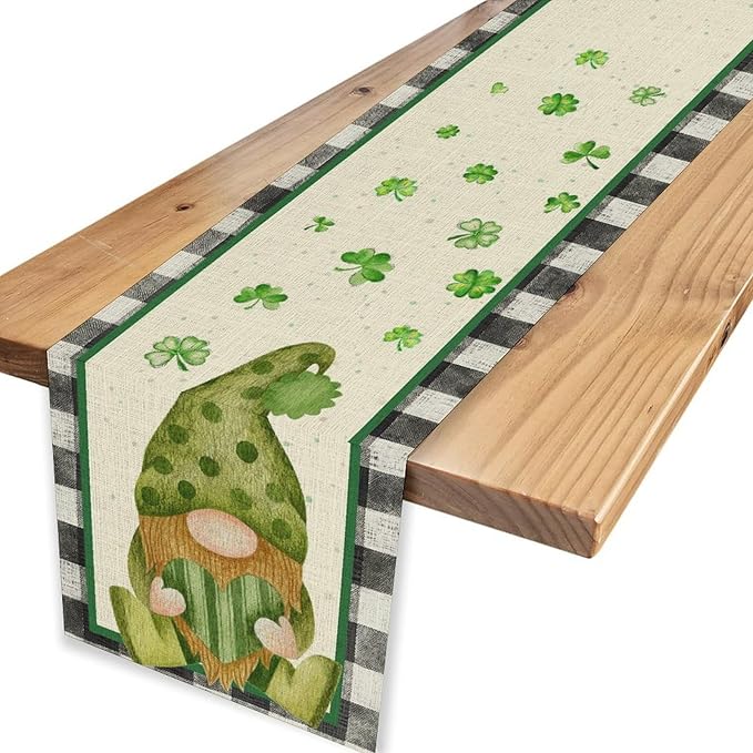 St.Patrick's Day Table Runner,Vintage Black White Plaid Green Polka Dot Gnome Shamrock Seasonal Spring Table Center Decor for Home Kitchen Dining Patio Party Indoor Decorations, 13"x108"