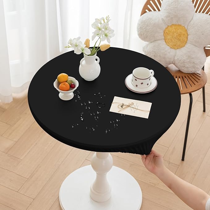 Round Fitted PU Tablecloth with High Elastic Edge 59 Inch Dia Waterproof Oil Proof Table Cloth Anti-Scald Stain-Resistant Wipeable Table Cover for Indoor Outdoor Picnic (Black,59" Dia)