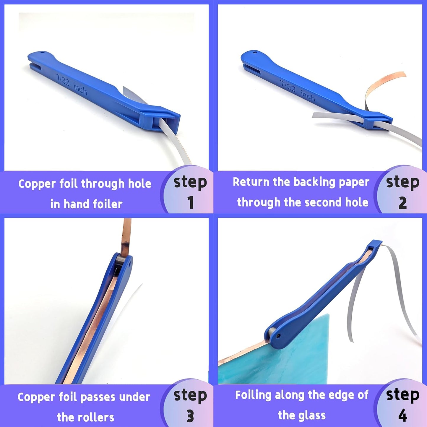 Copper Foil Hand Foiler for Stained Glass, 7/32" and 1/4" Hand Foiler Tool Kits, Blue