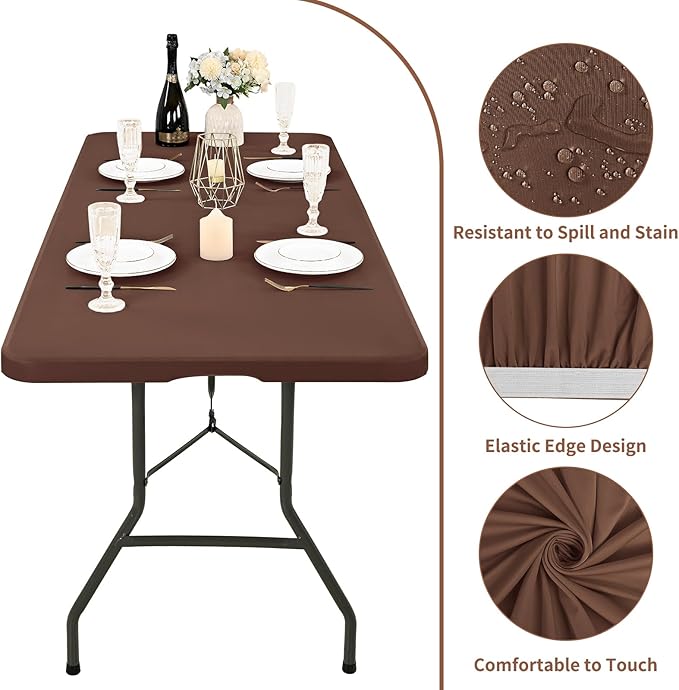 6 Pack Stretch Fabric Table Top Cap Cover, fits 8' Tables, Spandex Table Covers Washable Elastic Rectangle Tablecloth Protector for Indoor Outdoor Party Picnic Wedding, Coffee, 30" W x 96" L