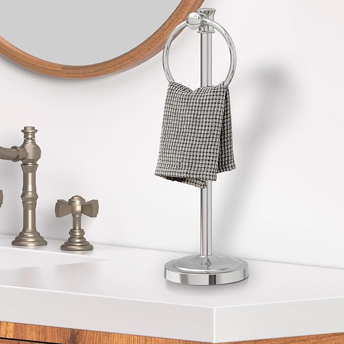 Hoimpro 17 Inch Stand Hand Towel Holder Towel Bar Towel Hanging Ring, Free Standing Floor Hand Towel Rack Storage for Bathroom Kitchen Vanity Countertops, Hardware Accessories(Polished Chrome)