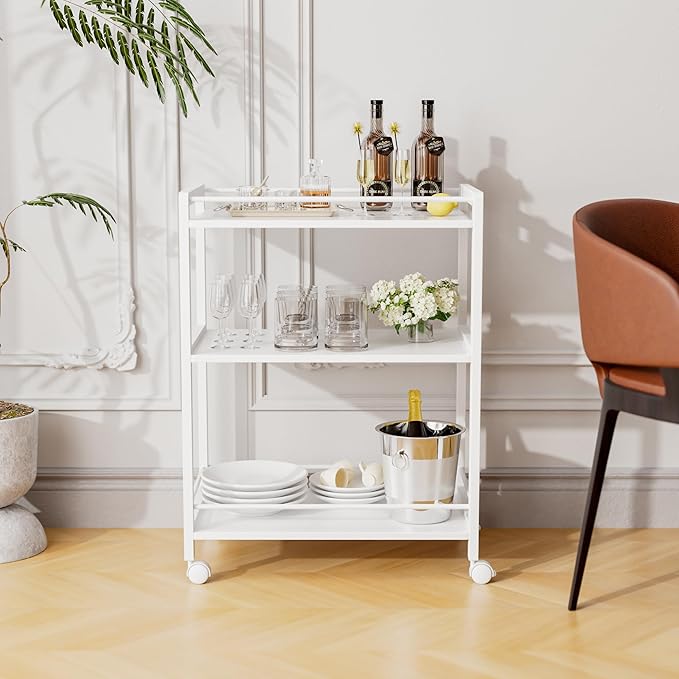 HITNET White Bar Cart, Home Bar Serving Cart, Kitchen Trolley on Wheels with Storage, 3 Tier Rolling Beverage Cart for Living Room Kitchen Home Office