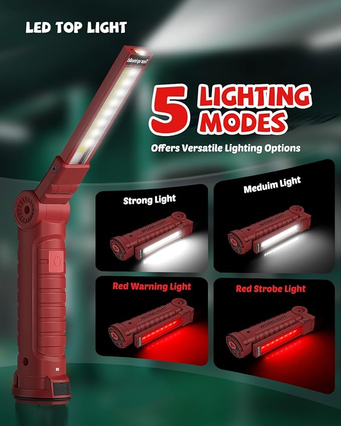 Coquimbo Tools Gifts for Men Dad Husband, Rechargeable LED Work Light Grill Accessories Magnetic Flashlight with Hanging Hook 5 Modes 360° Rotate Christmas Gifts for Him Grandpa (2 Pack Red)