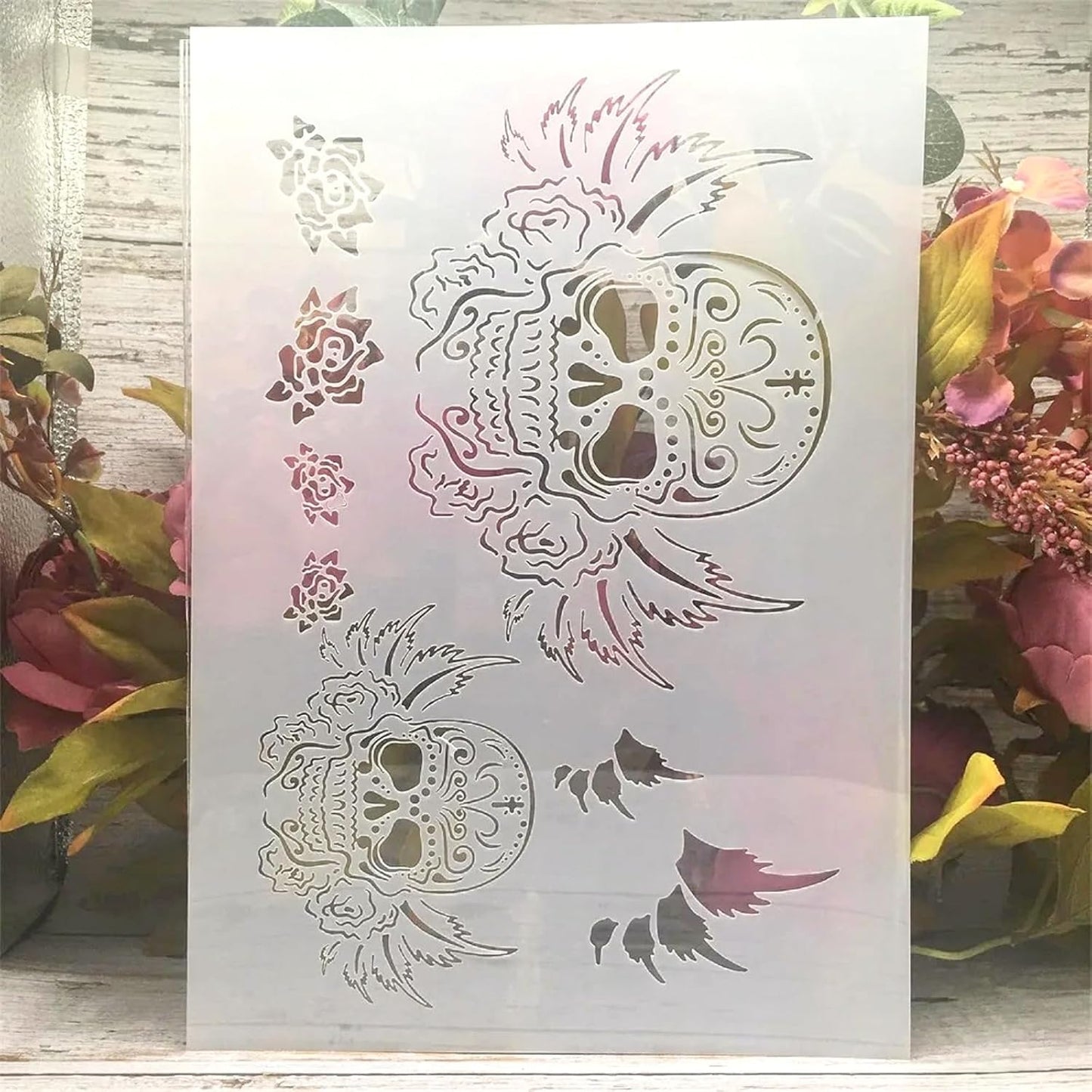 TIAMECH A4 Reusable Flying Skull Wings Stencil for Painting - Halloween Ghost Layering Template, DIY Wall Art, Wood Furniture, Scrapbook & Crafts (8.3x11.7inch)