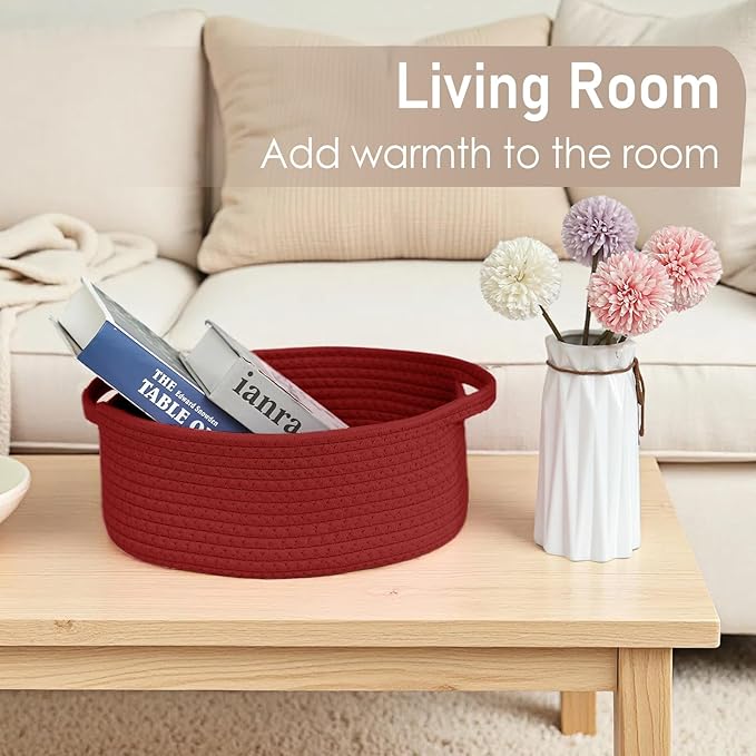 Woven Basket,Small Rope Storage Bin with Handles & Ribbon Bag, Organizer for Shelves Closets,Gift Basket Empty for Birthday,Books,Dog Toys, Red