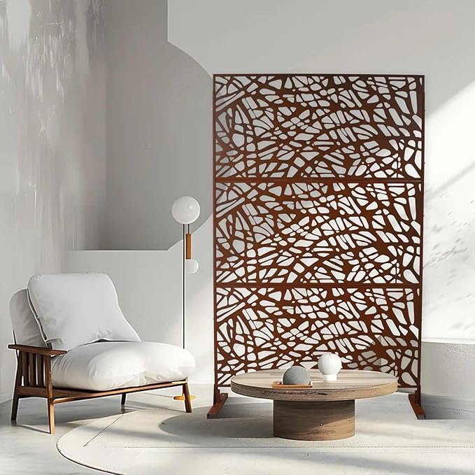 Outdoor Decorative Metal Privacy Screen Panel, 48" L x 16" W x 76" H, Steel Partition for Garden, Patio, and Backyard, Freestanding with Stable Base, Modern Geometric Design, Rust Red