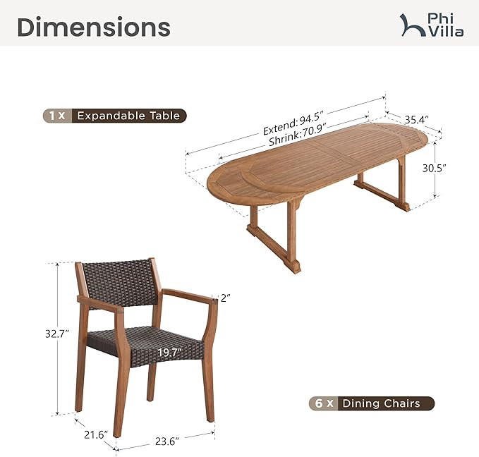 PHI VILLA 7 Pieces Acacia Wood Outdoor Dining Set for 6, Expandable Teak Wooden Table & Chairs, Large Farmhouse Furniture Set for Patio, Deck, Yard, Porch