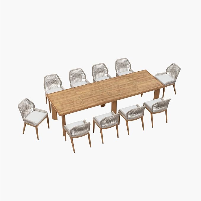 PURPLE LEAF 11 Pieces Patio Dining Set Aluminum Oversize Rectangular Table and Wicker Chairs with Cushions for Kitchen Porch Garden Modern Outdoor Furniture Sets, Teak
