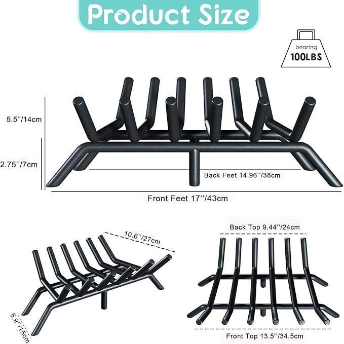 17-Inch Fireplace Grate, Heavy Duty 6-Bar Log Rack Holder Made of Solid Round Steel for Indoor/Outdoor Fire Pits, Wood Stoves & Kindling Tools