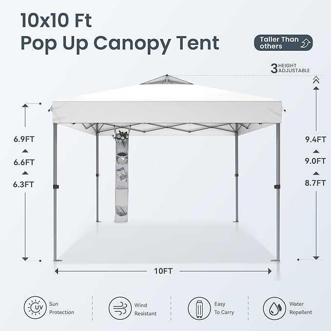 PHI VILLA 10x10 Pop Up Canopy Tent - One Push Setup, Instant Shade Tent with Vented Roof for Beach & Events - Includes Storage Bag, Sandbags, Stakes & Ropes (White)