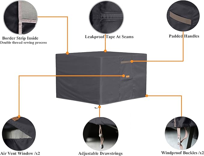Fire Pit Cover 600D Heavy Duty Waterproof Fabric With PVC Coating Square 28" Wx 28" D x 25" H Dark Grey Fits for 26-28 Inch Fire Pit Table Fade Resistant Outdoor Firepit Cover