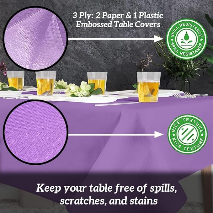 PARTY BARGAINS 5 Disposable Table Covers - 54" X 108" Purple Table Cover, 3 Ply Paper & Plastic Tablecloth