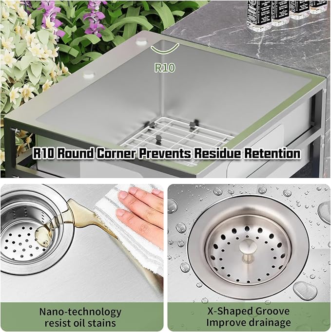 25x22 Inch Stainless Steel Utility Sink-Freestanding Laundry Sink Practicality With Accessories Stainless Functional Faucet,Soap Dispenser, SS Sink Grid For Laundry,Garage,Outdoor Kitchen,Garden...