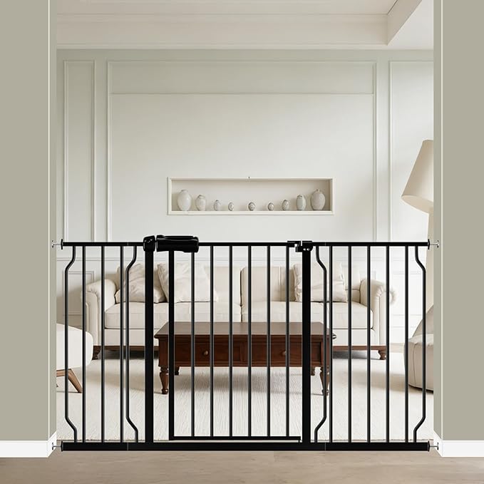 WAOWAO Baby Gate 52.76-57.48" Extra Wide Pressure Mounted Walk Through Swing Auto Close Safety Black Metal Toddler Kids Child Dog Pet Puppy for Stairs,Doorways,Kitchen