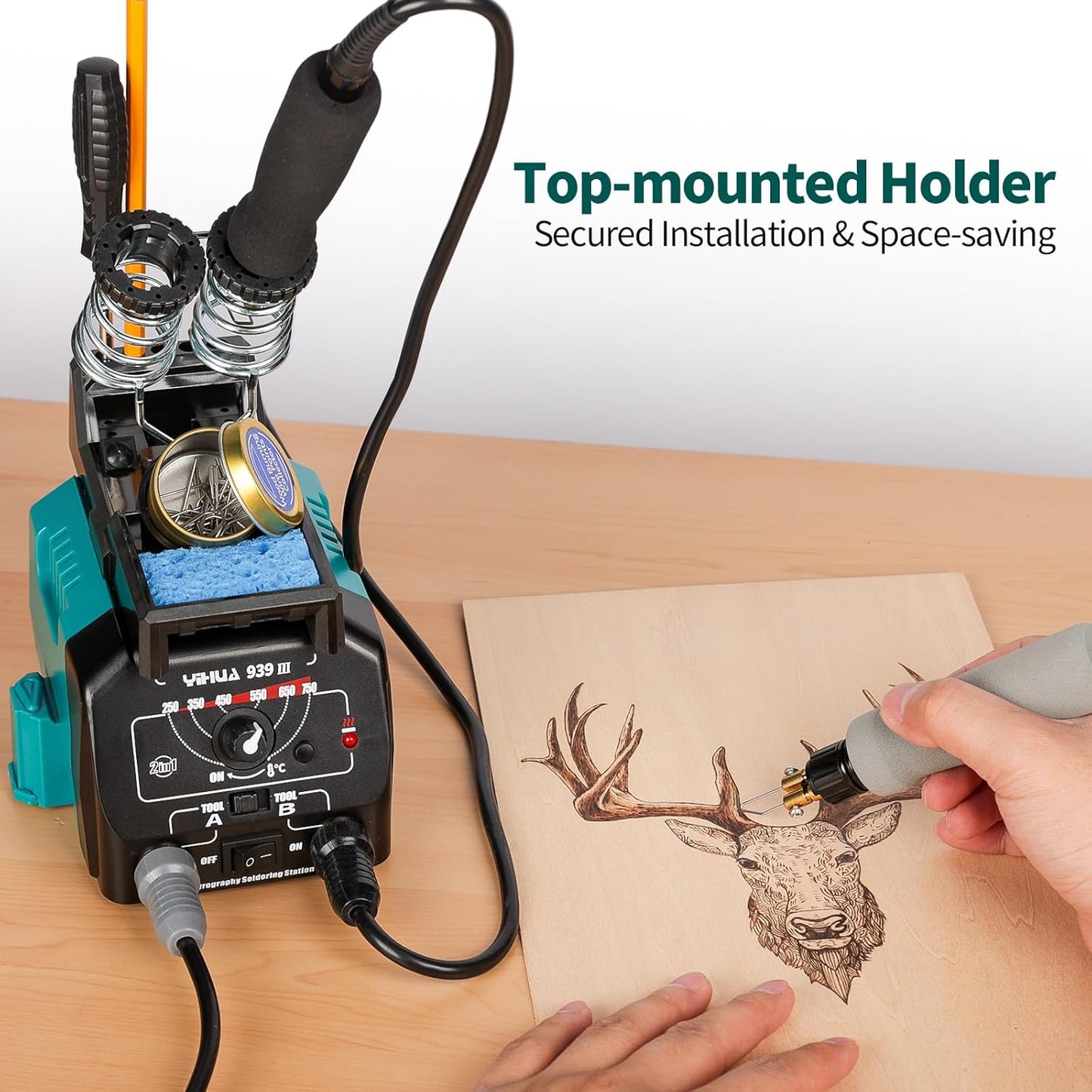 YIHUA 939 III Dual Pen Pyrography Station 2-in-1 Wood-Burning Tool with Two Wood-Burning pens 250-750°C Temperature Adjustable 20 Detailer nibs and 7 Essential Accessories and Tools Included