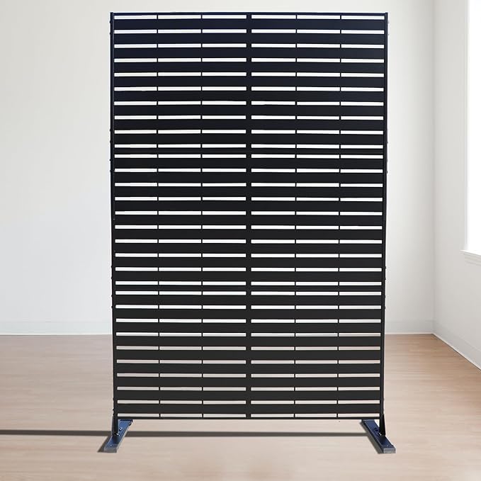 Kozyard Metal Privacy Screen 74" H x 47.2" W Decorative Outdoor Divider with Stand Panels Freestanding Screen Set for Deck Patio Balcony Garden Outdoor&Indoor(Black/Horizontal Slat)