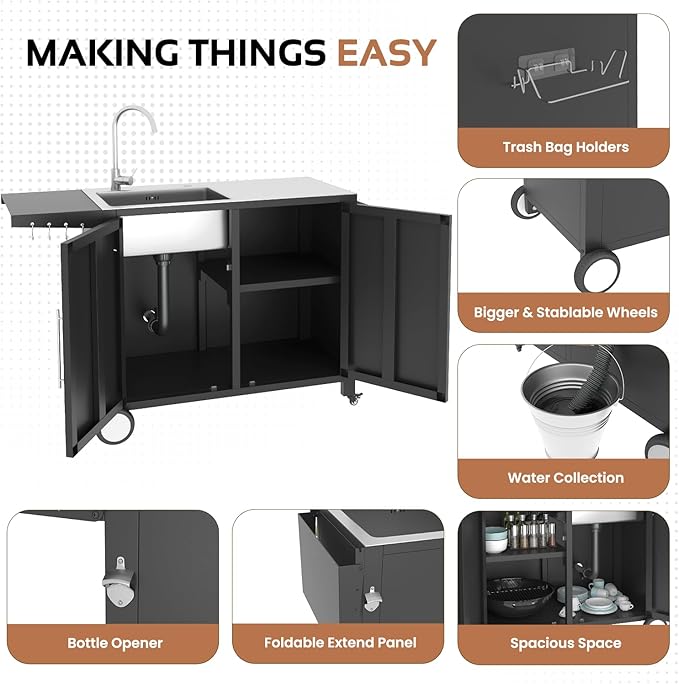 Grill Table with Sink, Outdoor Stainless Steel Kitchen Island Cabinets Sink Station with Hose Hook up & Lockable Casters, Rolling BBQ Table for Backyard