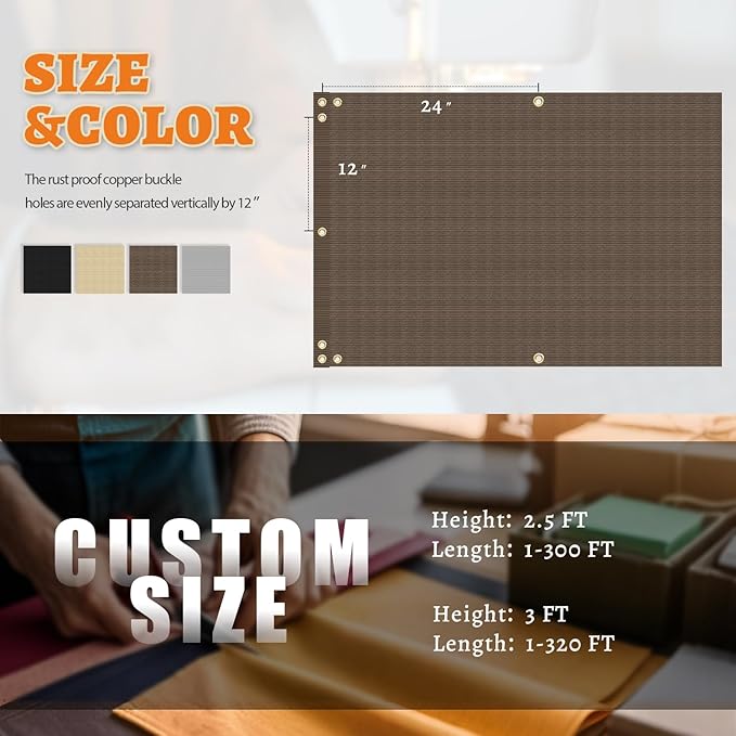 2.5' x 193' Balcony Privacy Screen Fence Cover with Zip Ties Grommets for Apartment Patio Porch Deck Backyard Outdoor (Brown)