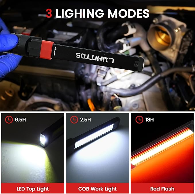 Rechargeable Work Light 2500mAh Magnetic LED Work Light Flashlight Mechanic Light Tool for Men Him, Foldable Lamp with Hook for Car Repair Emergency BBQ Grill