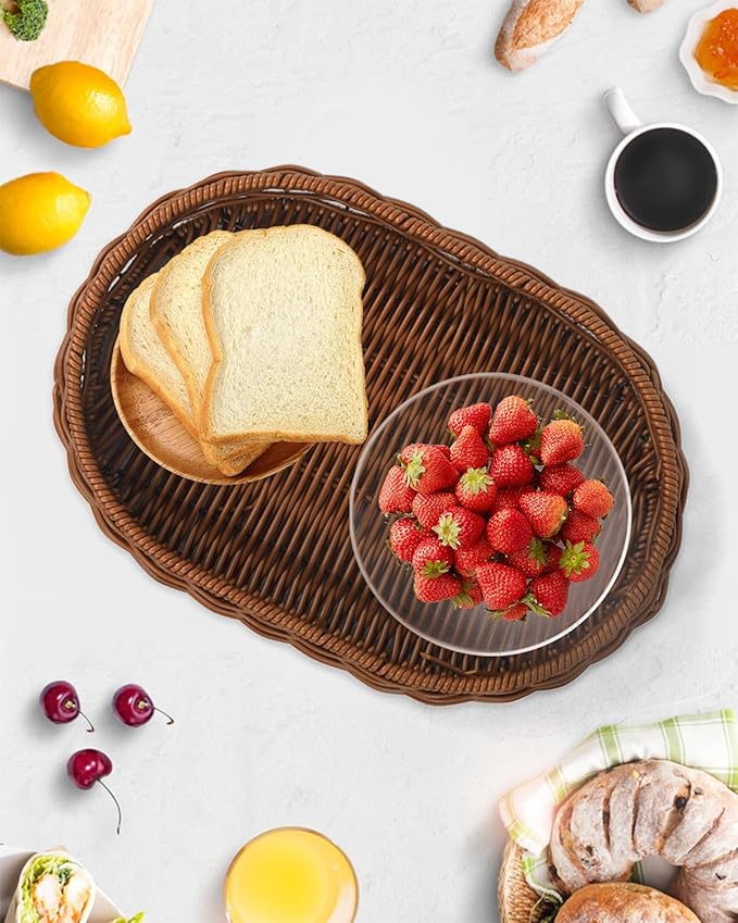 Woven Bread Basket, 3 Pack Wicker Fruit Baskets Rattan Bread Basket Poly Wicker Bread Baskets With Handles For Food Serving, Display, Vegetables, Home Kitchen, Restaurant, Outdoor (Oval set)