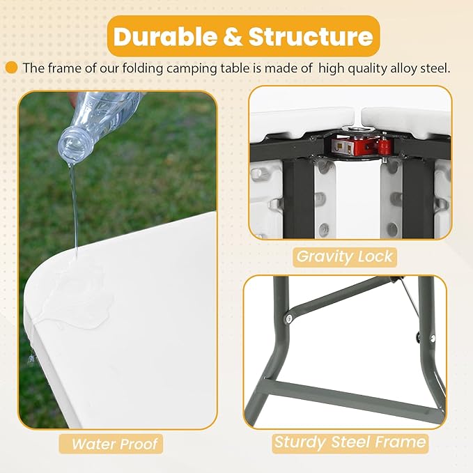 FDW 6FT Folding Table, Portable Fold-in-Half Plastic Picnic Party Table with Carrying Handle （White, 6FT）