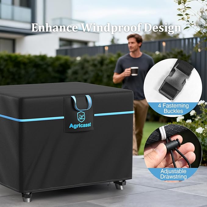 Square Fire Pit Cover for 28-30 Inch Fire Pit, 600D Heavy Duty Fire Table Cover Waterproof Patio Firepit Cover with Air Vent, Handle, 4 Windproof Buckles, Drawstring - 30''L x 30''W x 25''H