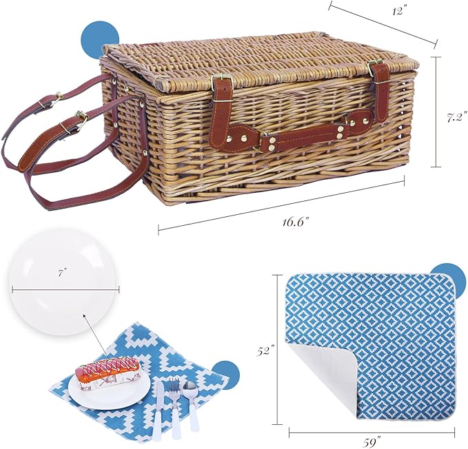 Neti Neti Wicker Picnic Basket for 4 with Insulated Cooler & Waterproof Blanket – Large Willow Picnic Hamper for Outdoor, Camping, Beach, Romantic Dates, Valentine’s Day
