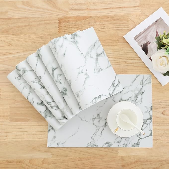 Homaxy Faux Leather Heat Resistant Placemats for Dining Table Set of 4, Waterproof Wipeable Washable PU Table Mats, Easy to Clean Anti-Slip Place Mats, 11.8" x 17", Marble