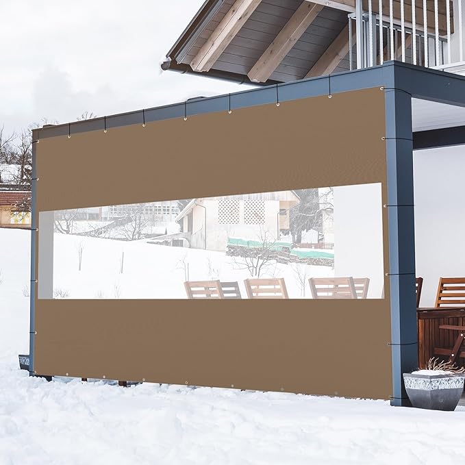 Domi Heavy Duty Outdoor Clear Panel Curtain, 18 oz Waterproof PVC Polyester Curtain, Weather Resistant & Tearproof for Patios, Gazebos, Pergolas, Privacy Screen (7'H x 10'W, Brown)