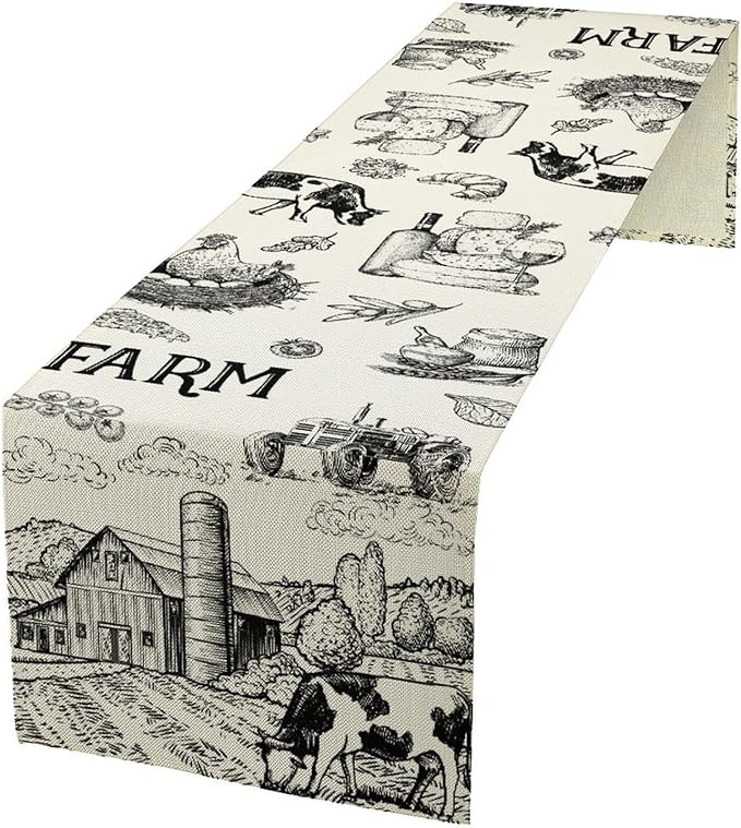 Milk Farm Table Runner, Rustic Farmhouse Animals Fresh Eggs Bread Vegetables Print Table Runner for Farmhouse Kitchen Decor Party Picnic Holiday Dinner, 13x60inch