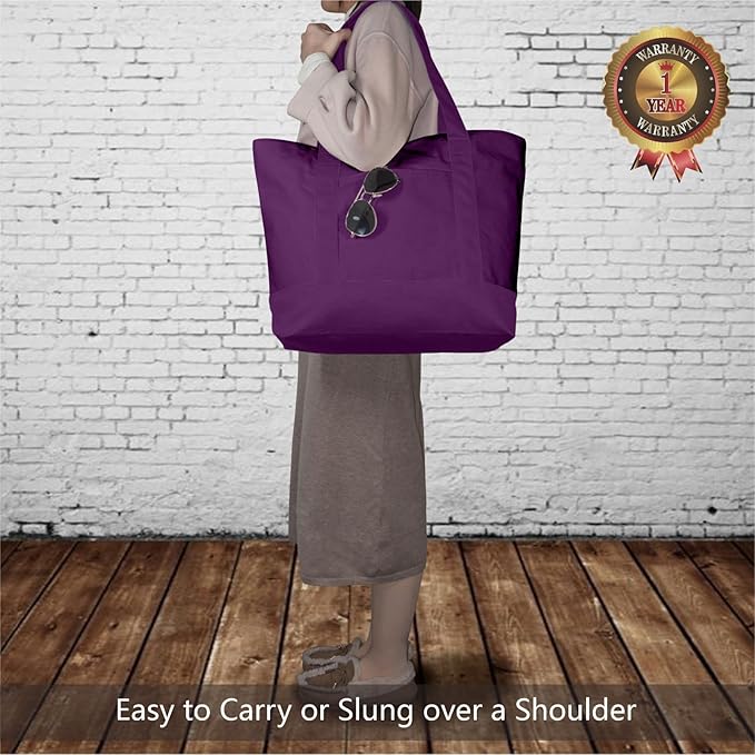 TOPDesign 3-Pack Canvas Tote Bags with an External Pocket, Reusable Grocery Shopping Bags, Top Zipper Closure, Daily Essentials (Purple)