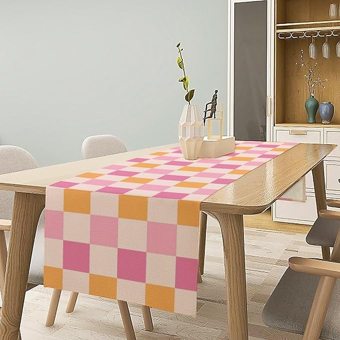 Pink Checkered Table Runner, Vintage 70s Abstract Cute Modern Hippie Table Runner for Party Kitchen Dining Home Outdoor 13x36in