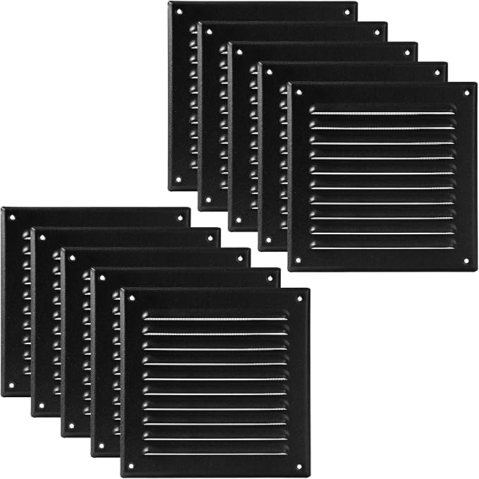 Vent Systems 6 x 6 Inch (Inner) Pack of 10 Black Vent Cover - Square Metal HVAC Return Air Grille with Mesh Screen - Register Wall Vent Grill - Outdoor, Indoor, Crawlspace - Exhaust Ventilation Grill