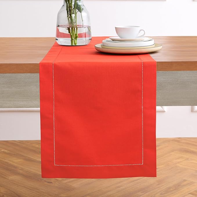 Solino Home Table Runner 120 Inches Long - Cotton Linen Hemstitch Poppy Red Table Runner 14 x 120 Inch for Valentines