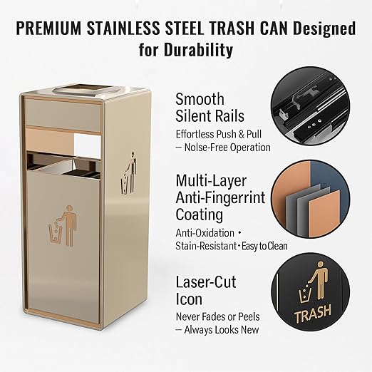 Stainless Steel Gold Commercial Trash Can, Heavy Duty Brushed Finish Garbage Bin, Fingerprint-Resistant Large Indoor Outdoor Trash Can for Office, Hotel Lobby, Conference Hall, 13"x13"x30"
