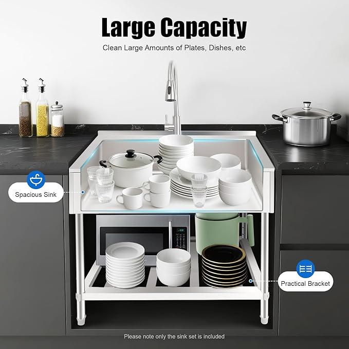 Stainless Steel Laundry Sink with Large Wash Stand, Free Standing Single Bowl Kitchen Sink with Pull Faucet, Utility Sink for Laundry Room Bathroom Farmhouse (36x22x34in)