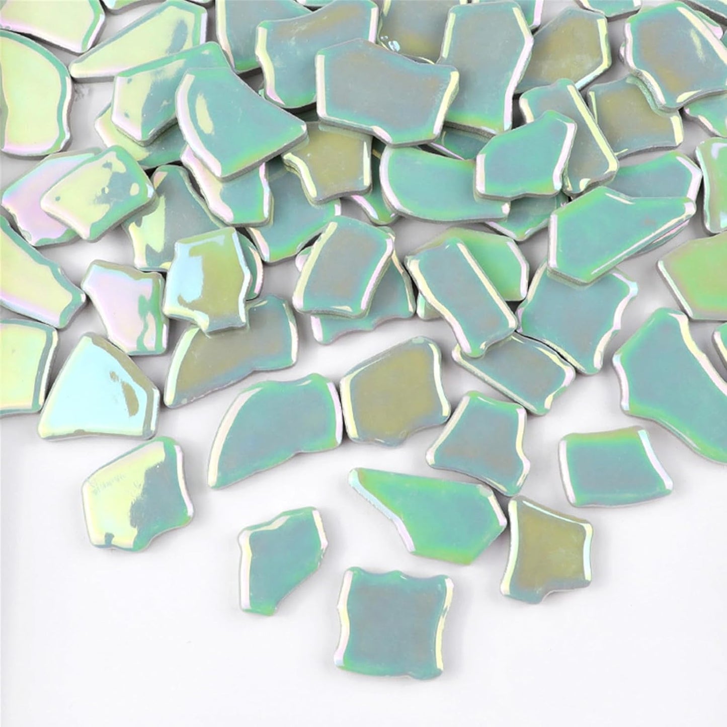 0.78"-1.57" Irregular Ceramics Mosaic Tiles,1.1LB Mosaic Pieces Stones for Home Decoration DIY Craft Plates Flowerpots Vases Cups Mosaic Making Supplies (Iridescent Light Green)